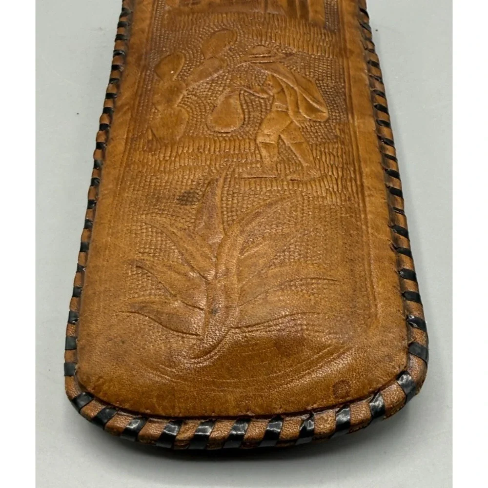 Genuine Hand Tooled Mexican Leather Aztec Pyramid, Sunstone Lined Eye Glass Case